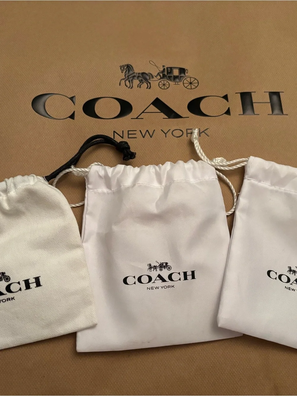 Coach White Drawstring Pouch Set with Black Logo